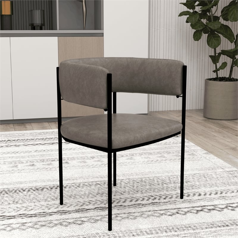 Dining Chair in Leather with Open-Back and Powder Coated Iron Legs in Charcoal