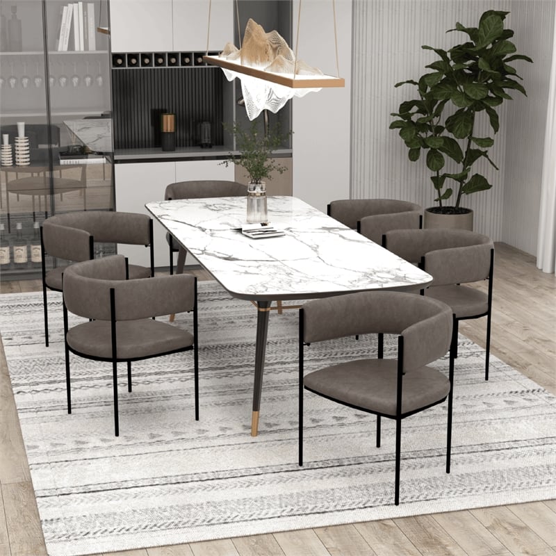 Dining Chair in Leather with Open-Back and Powder Coated Iron Legs in Charcoal