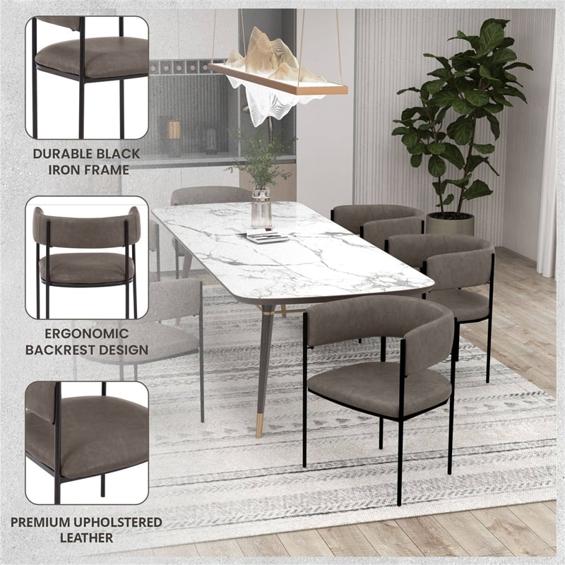 Dining Chair in Leather with Open-Back and Powder Coated Iron Legs in Charcoal