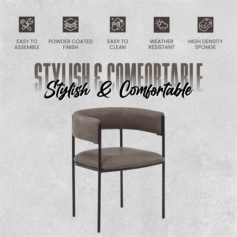 Dining Chair in Leather with Open-Back and Powder Coated Iron Legs in Charcoal