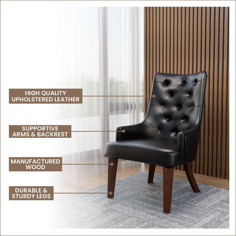 Leather Dining Chair Diamond-Tufted Side Chair in Rubberwood in Charcoal Gray