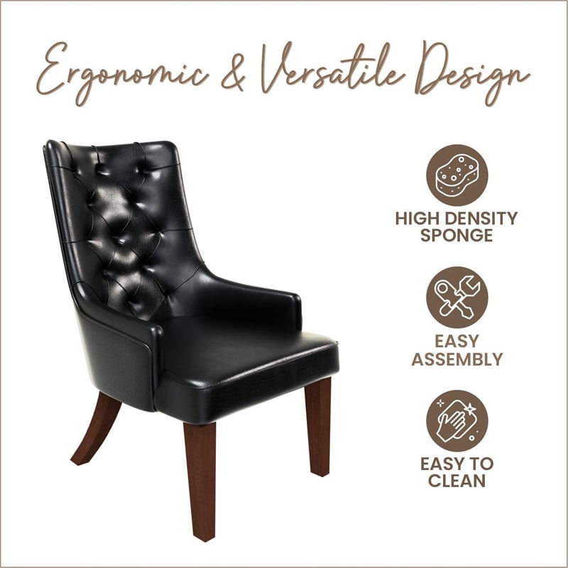 Leather Dining Chair Diamond-Tufted Side Chair in Rubberwood in Charcoal Gray