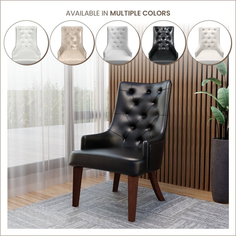 Leather Dining Chair Diamond-Tufted Side Chair in Rubberwood in Charcoal Gray