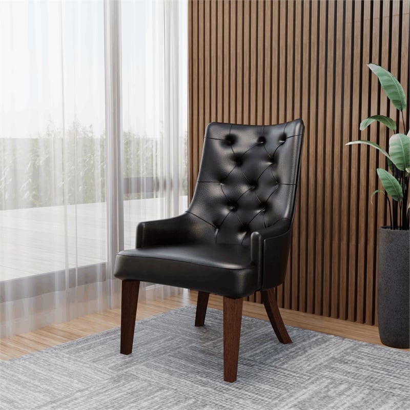Leather Dining Chair Diamond-Tufted Side Chair in Rubberwood in Charcoal Gray