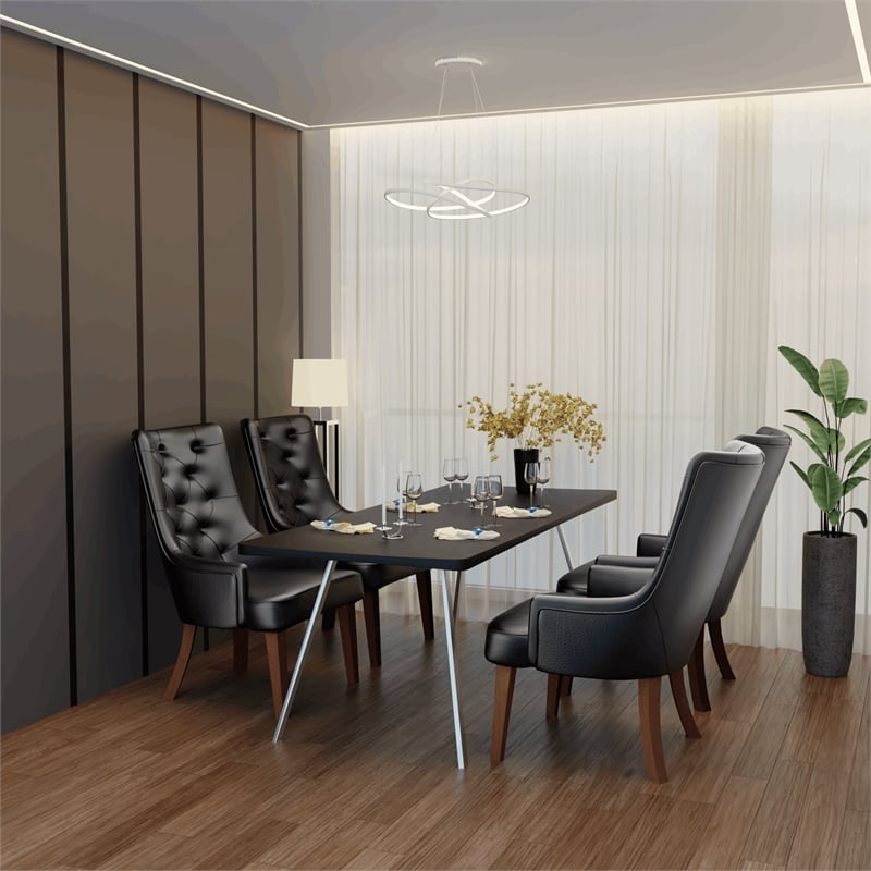 Leather Dining Chair Diamond-Tufted Side Chair in Rubberwood in Charcoal Gray