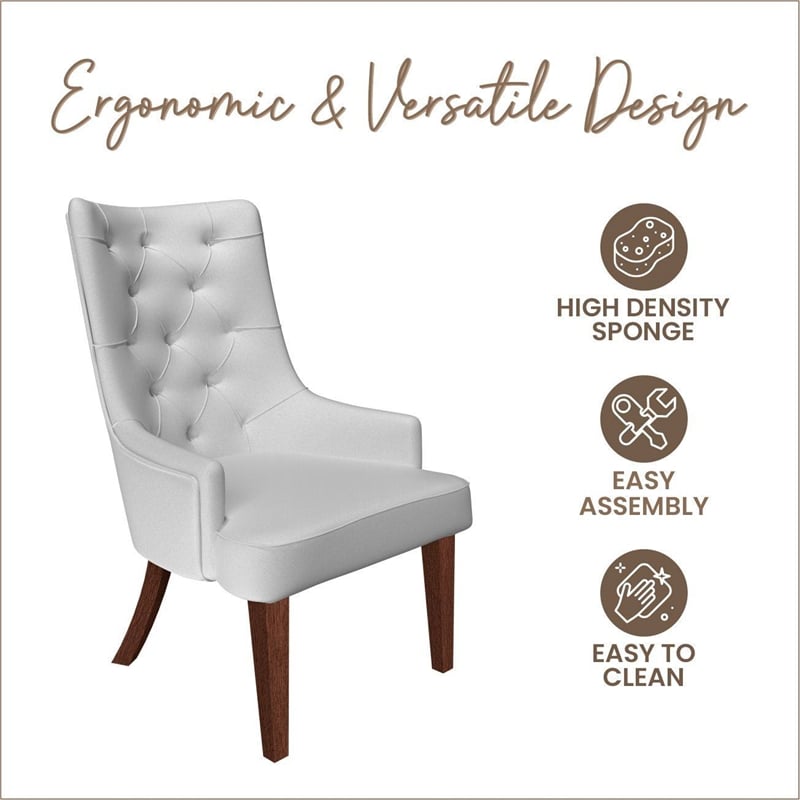 Leather Dining Chair Diamond-Tufted Side Chair in Rubberwood in Light Gray