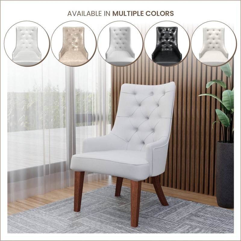 Leather Dining Chair Diamond-Tufted Side Chair in Rubberwood in Light Gray
