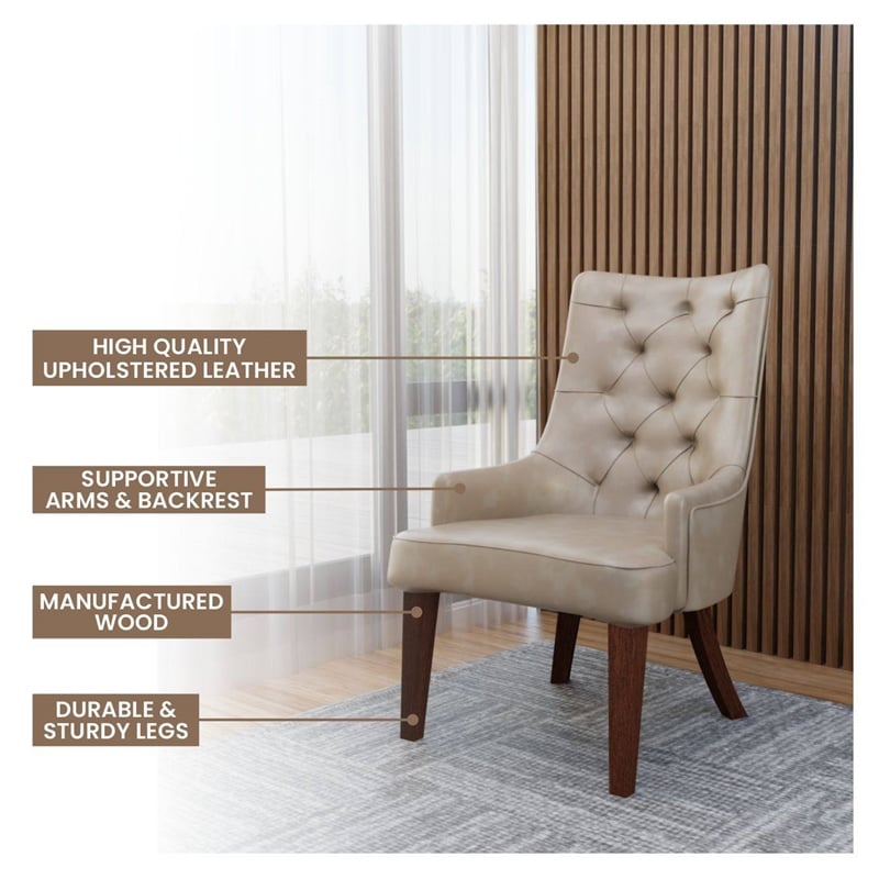 Leather Dining Chair Diamond-Tufted Side Chair in Rubberwood in Taupe