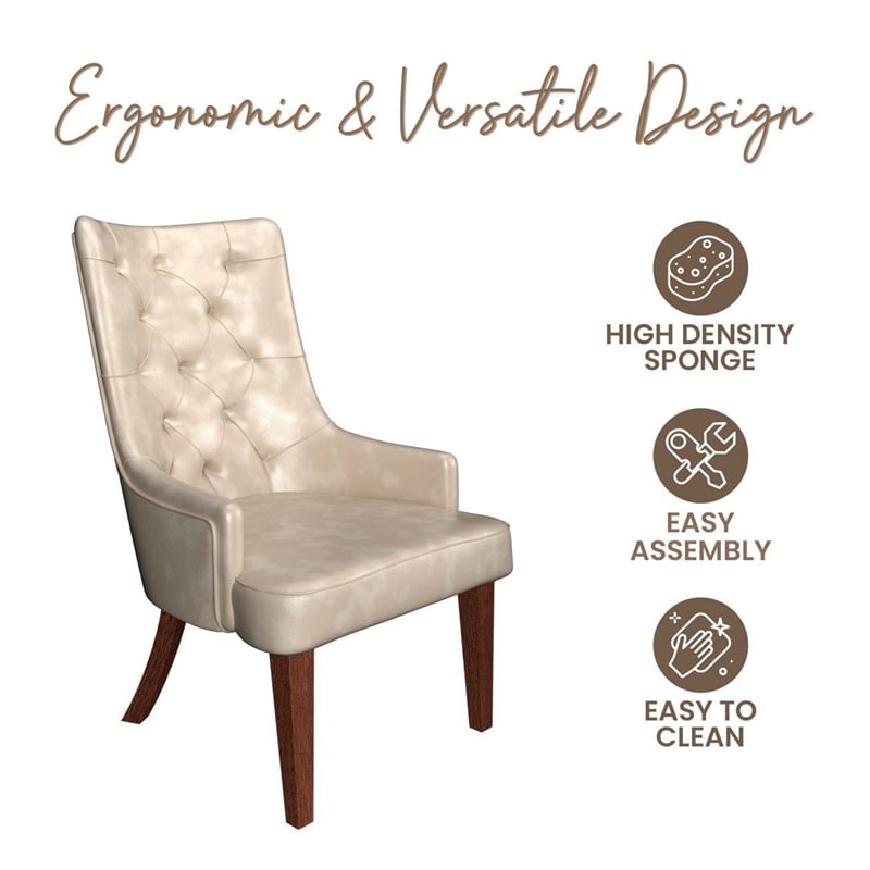 Leather Dining Chair Diamond-Tufted Side Chair in Rubberwood in Taupe