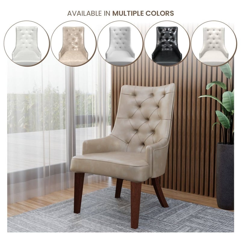 Leather Dining Chair Diamond-Tufted Side Chair in Rubberwood in Taupe