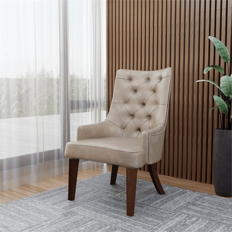 Leather Dining Chair Diamond-Tufted Side Chair in Rubberwood in Taupe