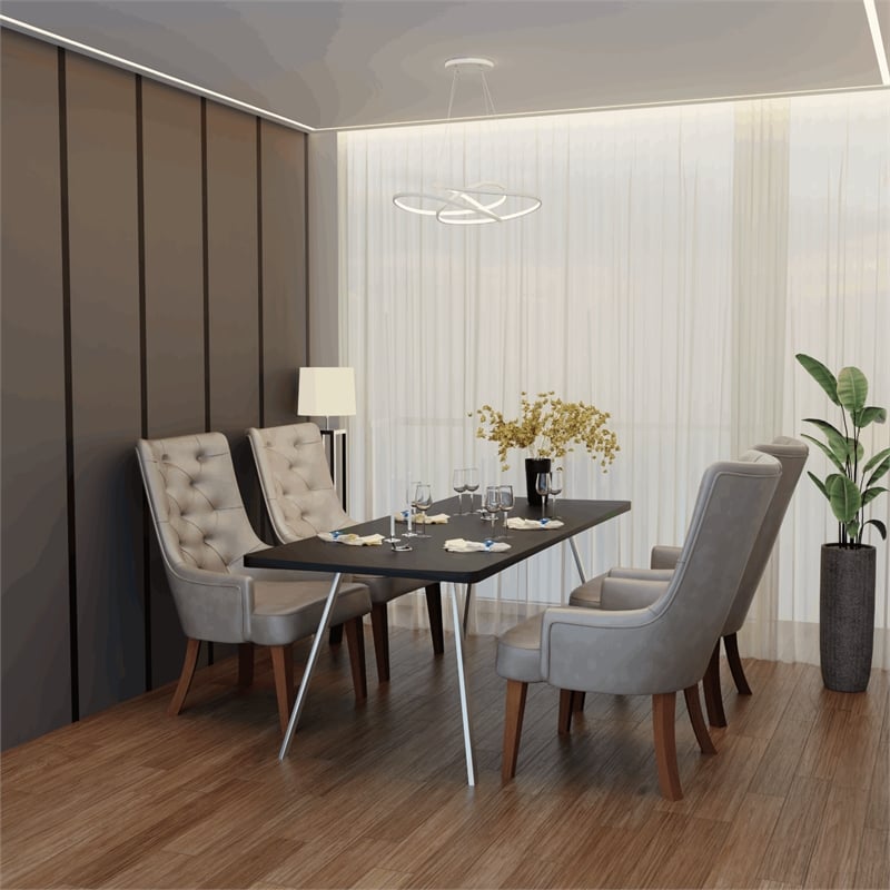 Leather Dining Chair Diamond-Tufted Side Chair in Rubberwood in Taupe