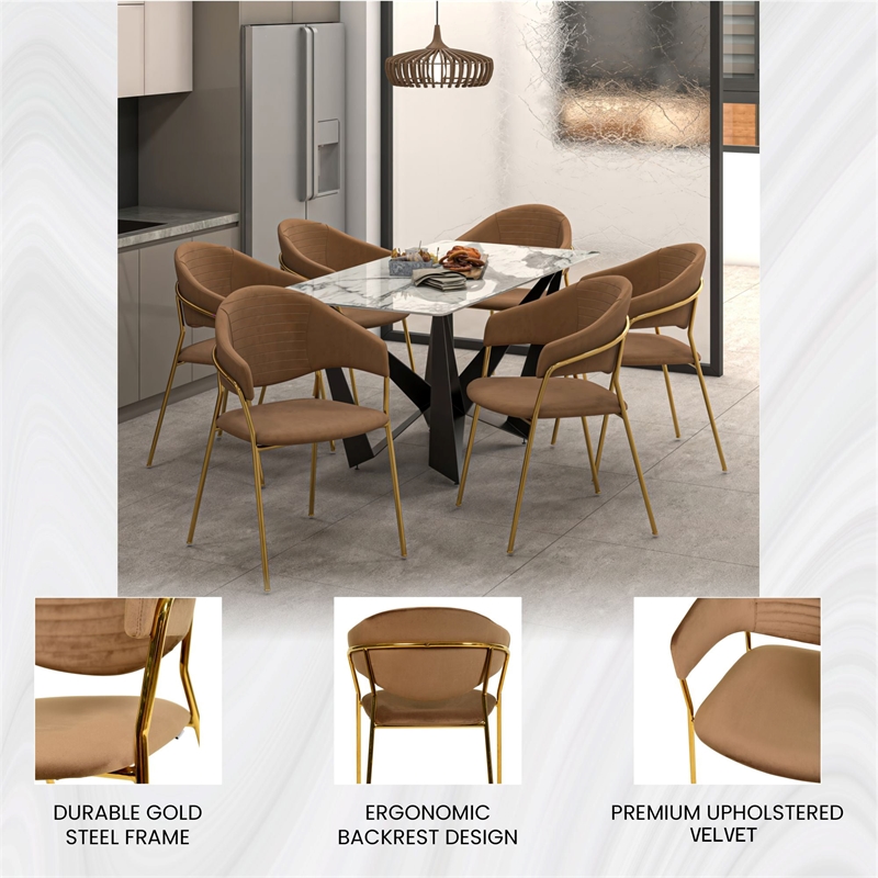 Dining Chair in Velvet Gold Stainless Steel Armchair in Brown