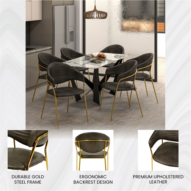 Dining Chair in Leather Gold Stainless Steel Armchair in Charcoal