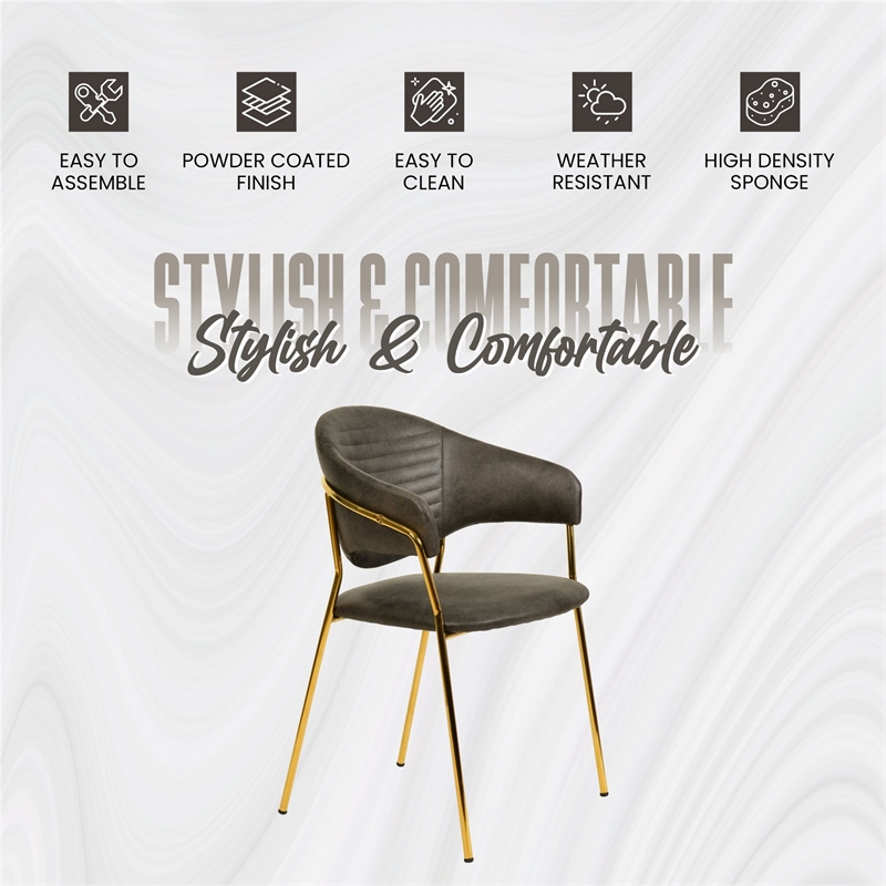 Dining Chair in Leather Gold Stainless Steel Armchair in Charcoal