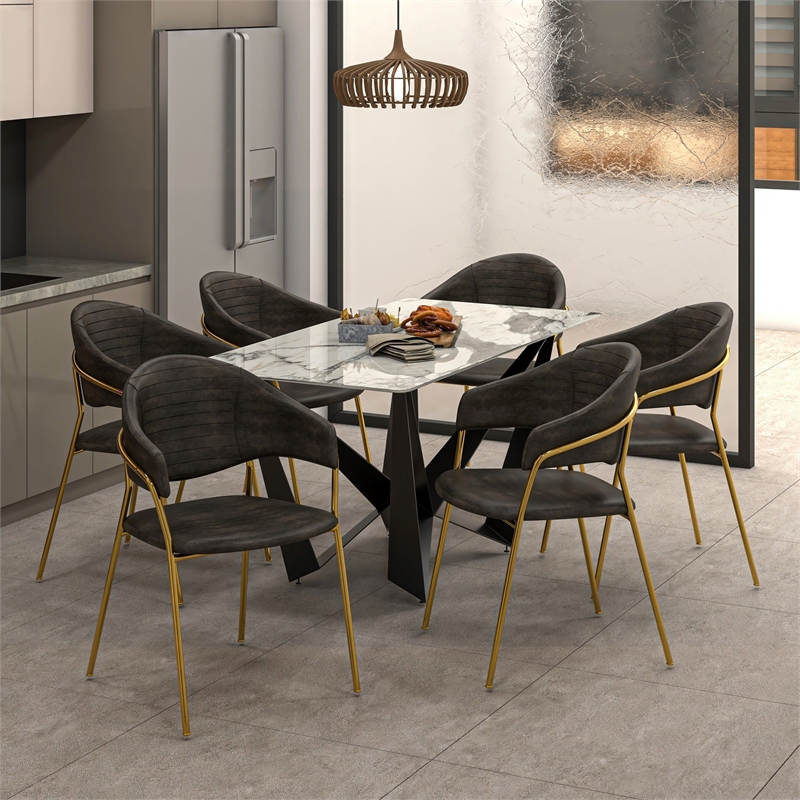 Dining Chair in Leather Gold Stainless Steel Armchair in Charcoal