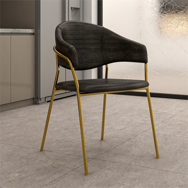 Dining Chair in Leather Gold Stainless Steel Armchair in Charcoal