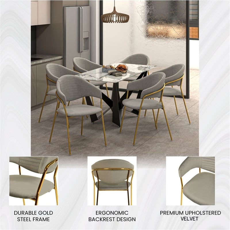 Dining Chair in Velvet Gold Stainless Steel Armchair in Light Gray