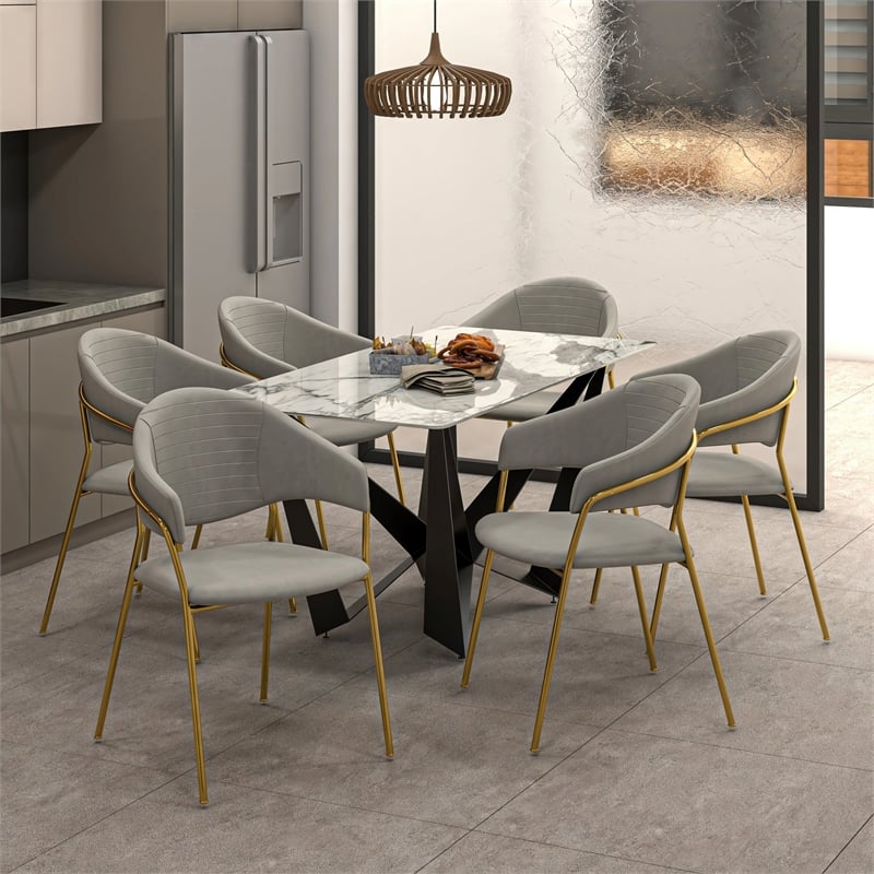 Dining Chair in Velvet Gold Stainless Steel Armchair in Light Gray