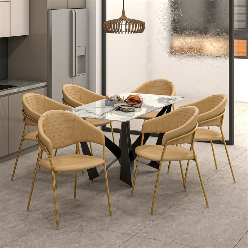 Dining Chair in Leather Gold Stainless Steel Armchair in Taupe