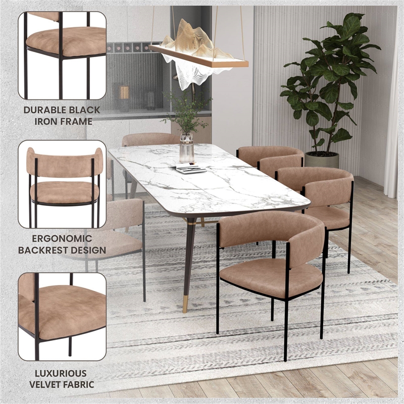 Dining Chair in Velvet with Open-Back and Powder Coated Iron Legs in Light Brown