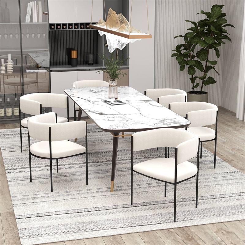 Dining Chair in Fabric with Open-Back and Powder Coated Iron Legs in White