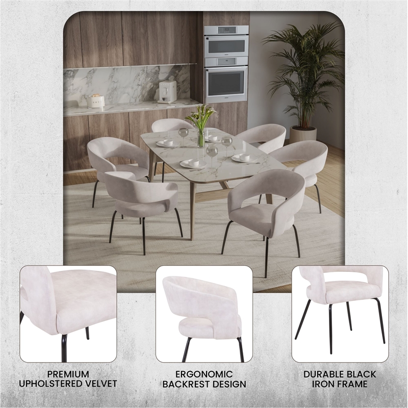Dining Chair in Velvet with Open Curved Backrest Iron Base in Beige