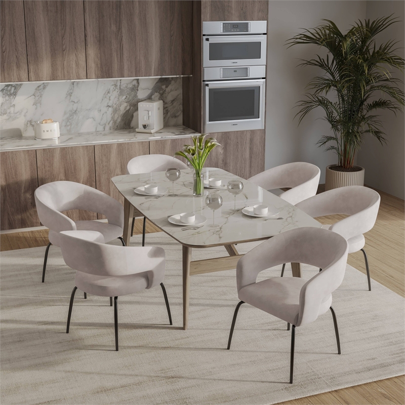 Dining Chair in Velvet with Open Curved Backrest Iron Base in Beige