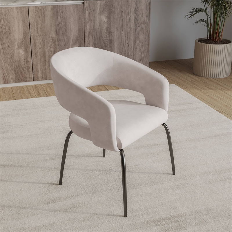 Dining Chair in Velvet with Open Curved Backrest Iron Base in Beige