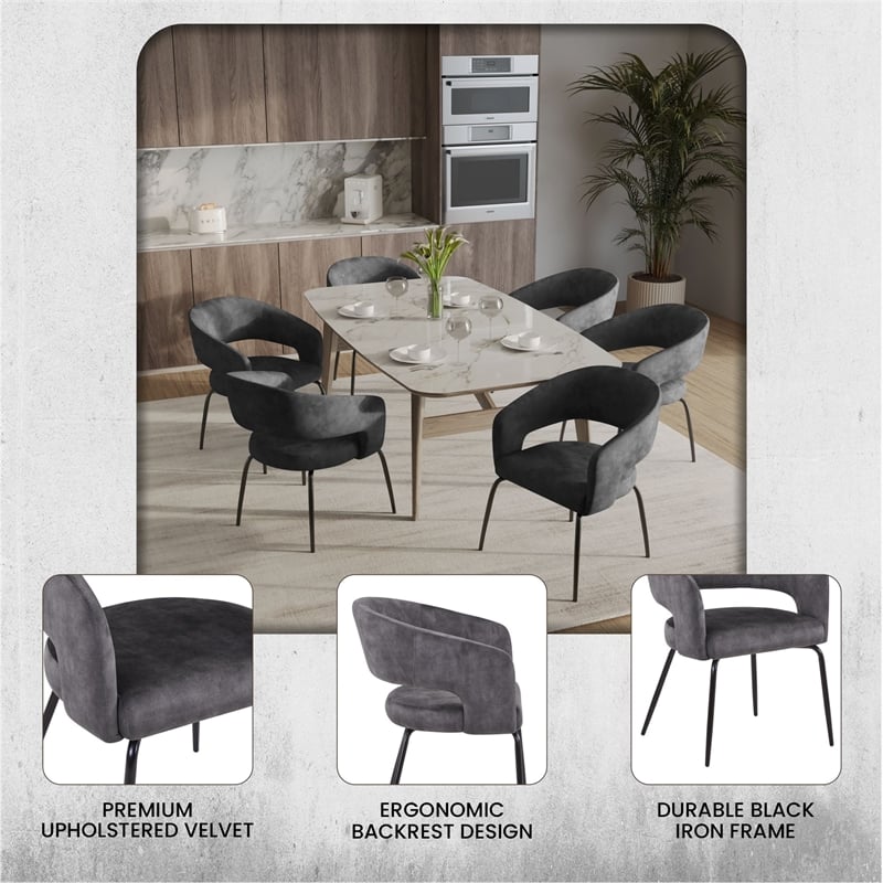 Dining Chair in Velvet with Open Curved Backrest Iron Base in Charcoal