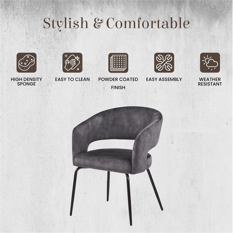 Dining Chair in Velvet with Open Curved Backrest Iron Base in Charcoal