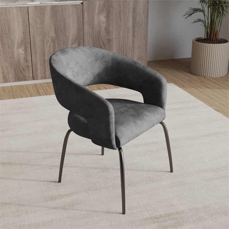 Dining Chair in Velvet with Open Curved Backrest Iron Base in Charcoal