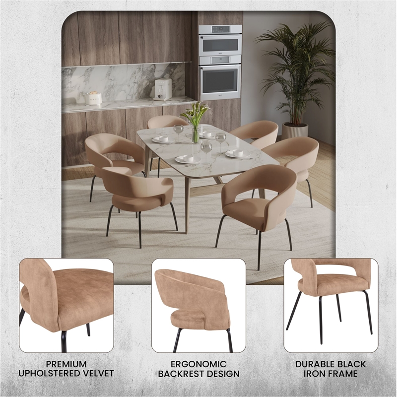 Dining Chair in Velvet with Open Curved Backrest Iron Base in Light Brown