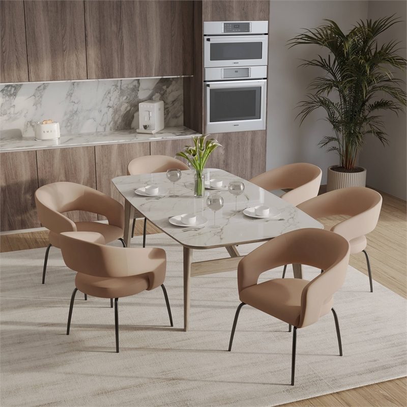 Dining Chair in Velvet with Open Curved Backrest Iron Base in Light Brown