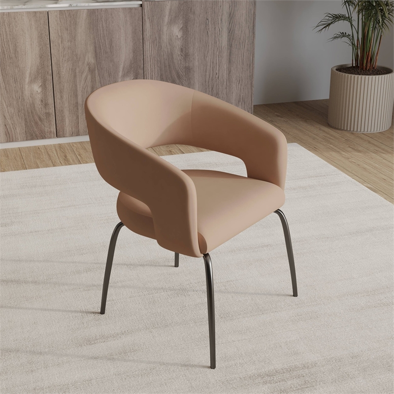 Dining Chair in Velvet with Open Curved Backrest Iron Base in Light Brown