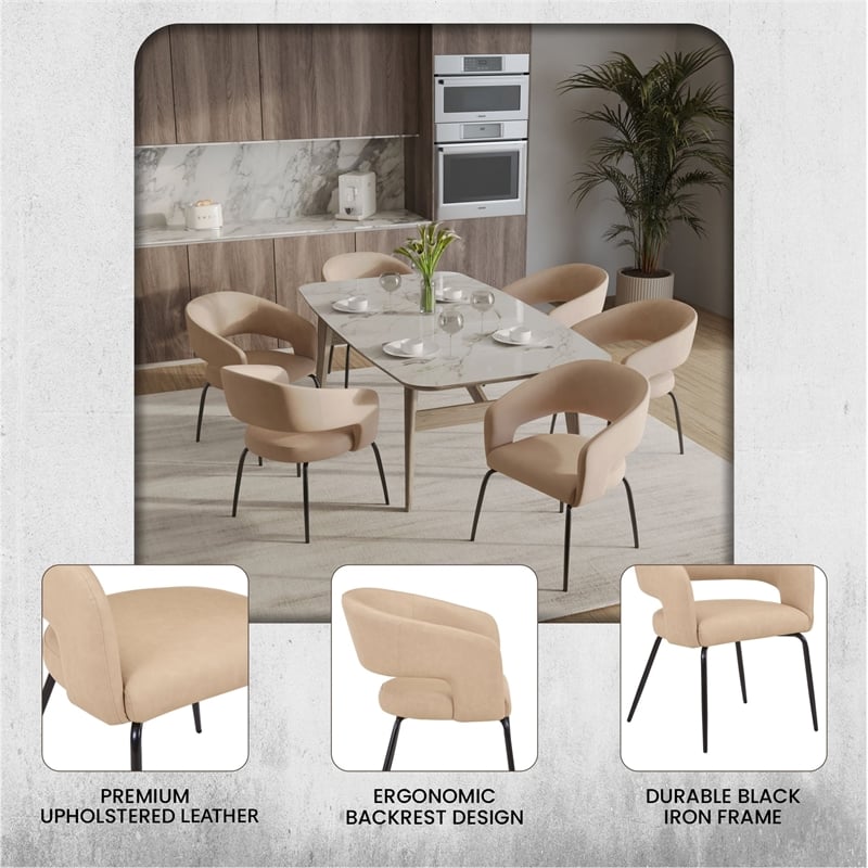 Dining Chair in Leather with Open Curved Backrest Iron Base in Light Taupe