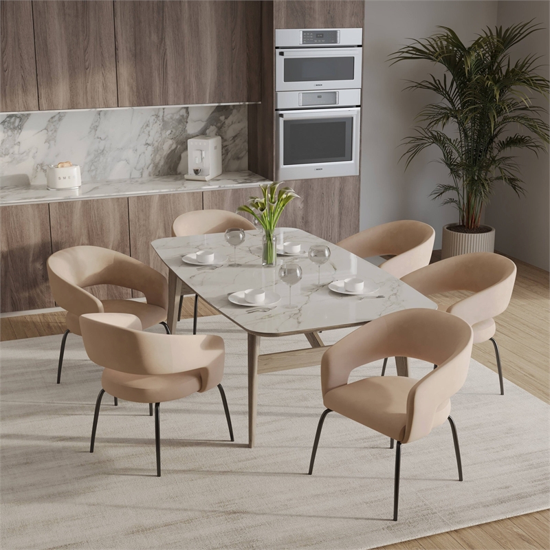 Dining Chair in Leather with Open Curved Backrest Iron Base in Light Taupe