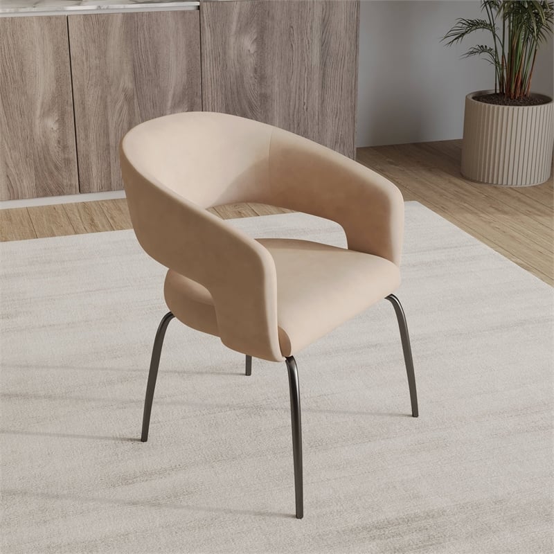 Dining Chair in Leather with Open Curved Backrest Iron Base in Light Taupe