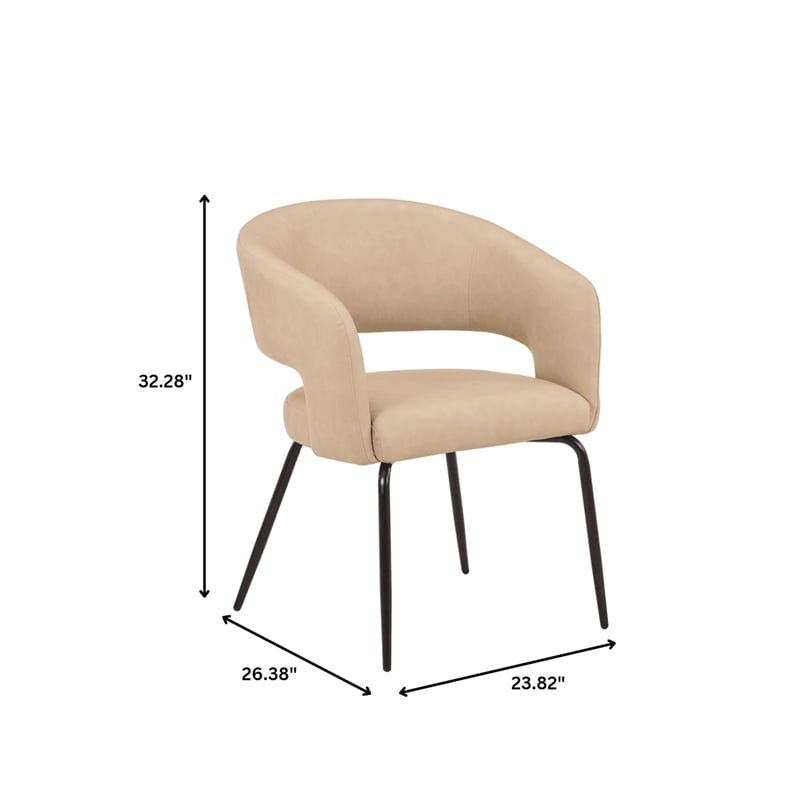 Dining Chair in Leather with Open Curved Backrest Iron Base in Light Taupe