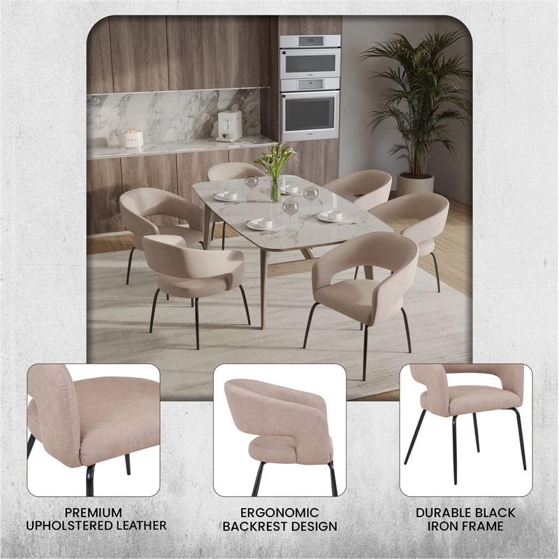 Dining Chair in Leather with Open Curved Backrest Iron Base in Taupe