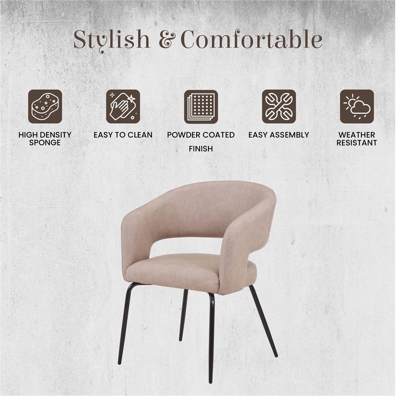 Dining Chair in Leather with Open Curved Backrest Iron Base in Taupe