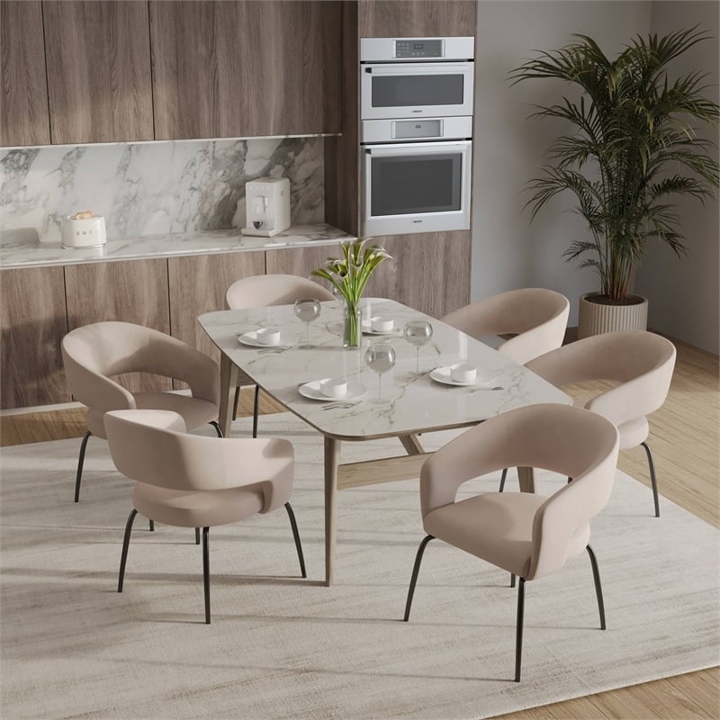 Dining Chair in Leather with Open Curved Backrest Iron Base in Taupe