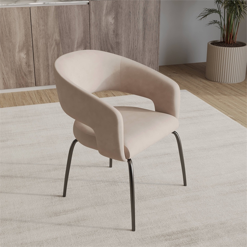 Dining Chair in Leather with Open Curved Backrest Iron Base in Taupe