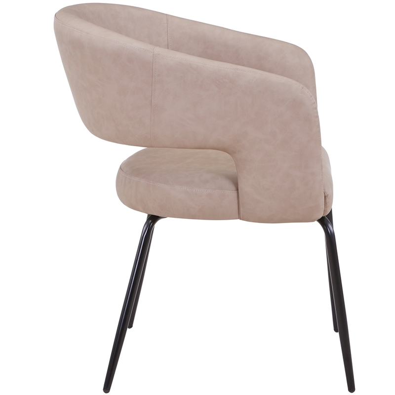 Dining Chair in Leather with Open Curved Backrest Iron Base in Taupe