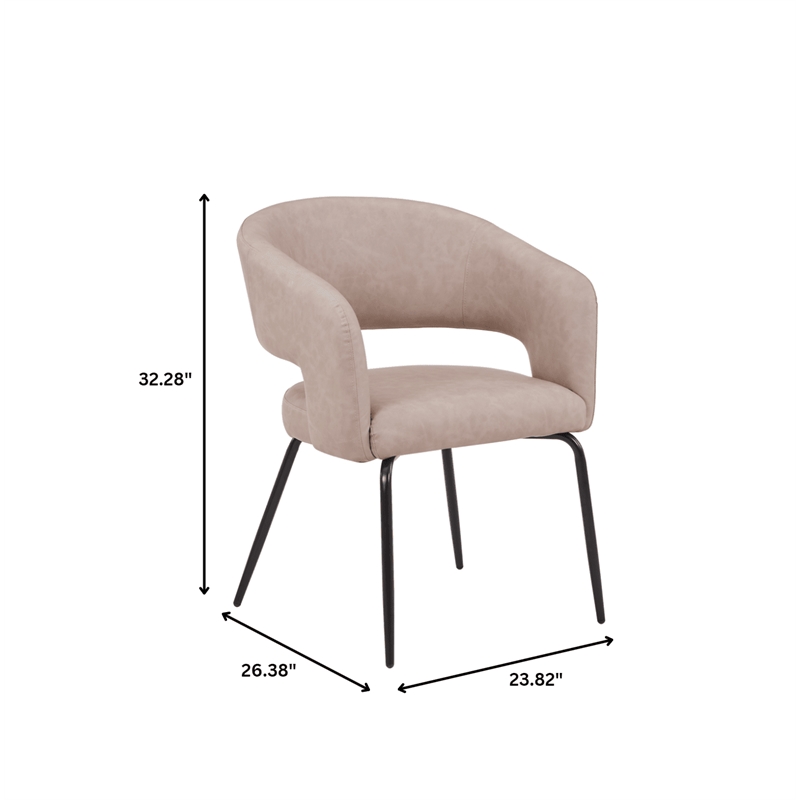 Dining Chair in Leather with Open Curved Backrest Iron Base in Taupe