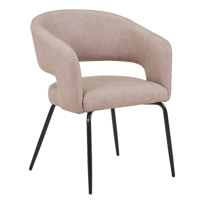 Dining Chair in Leather with Open Curved Backrest Iron Base in Taupe