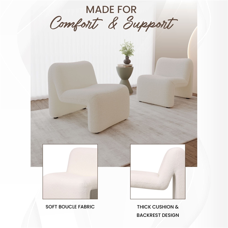 Accent Chair Upholstered in Fabric Padded Seat Iron Base in White Boucle