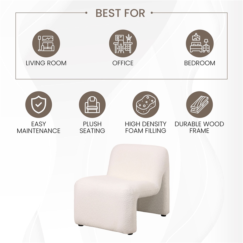 Accent Chair Upholstered in Fabric Padded Seat Iron Base in White Boucle