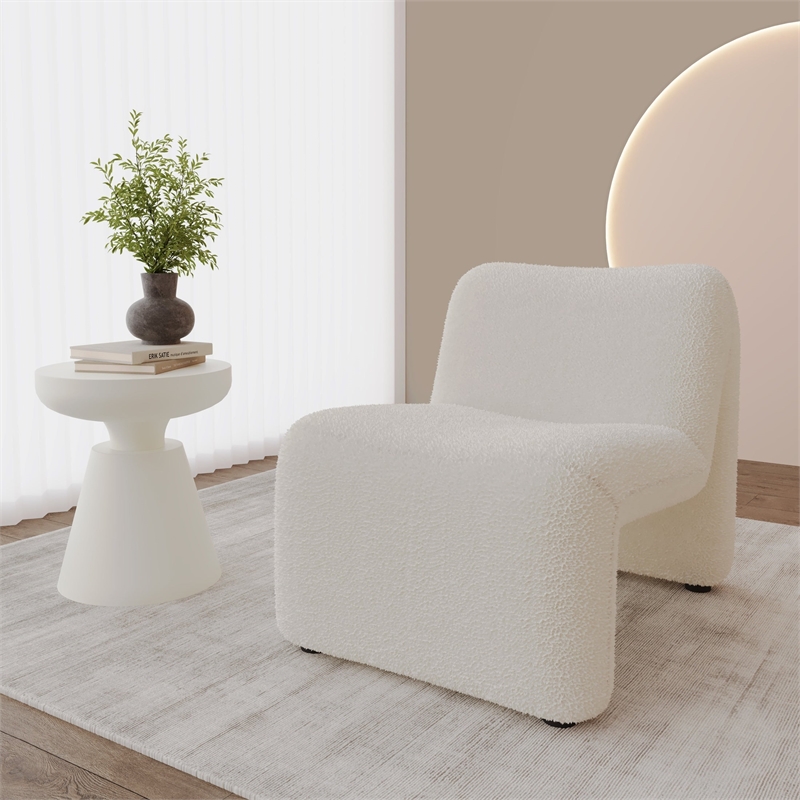 Accent Chair Upholstered in Fabric Padded Seat Iron Base in White Boucle