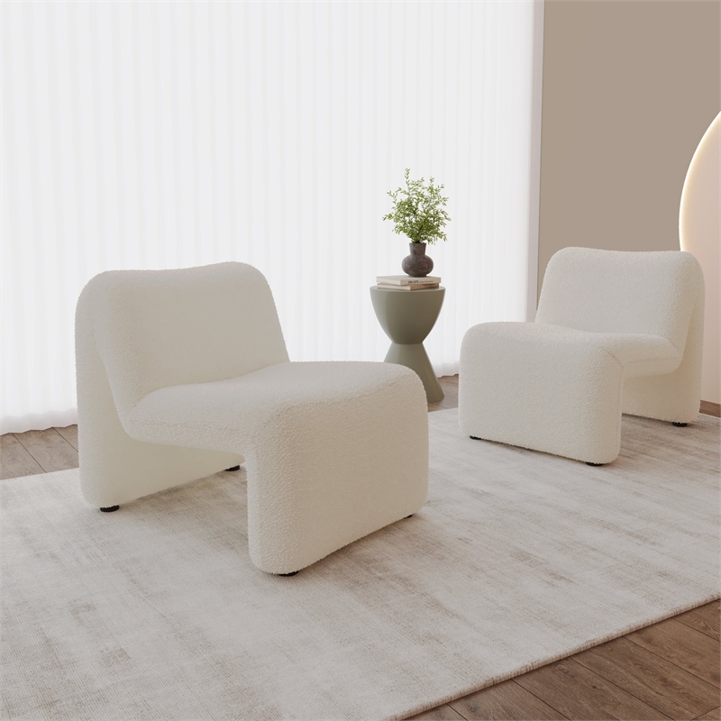 Accent Chair Upholstered in Fabric Padded Seat Iron Base in White Boucle